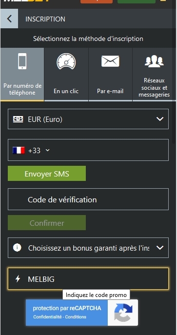 Formulaire d'enregistrement de Melbet