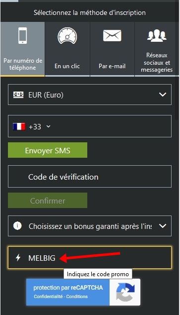 Formulaire d'enregistrement de Melbet