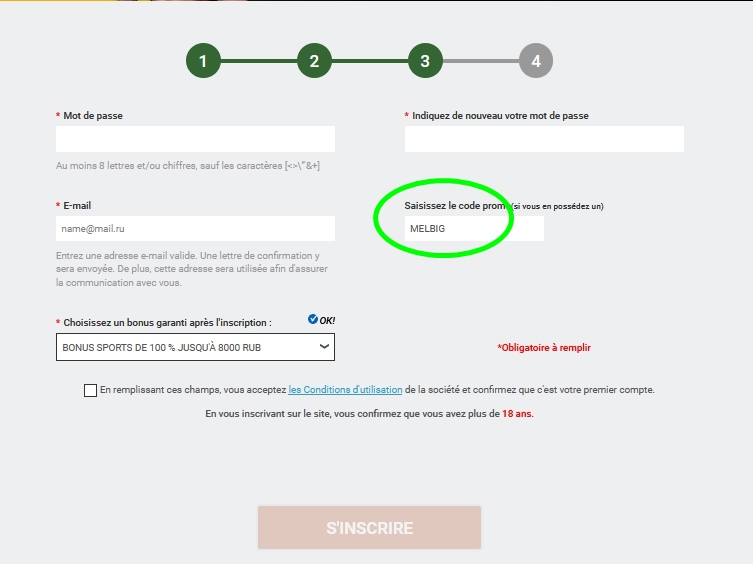 Formulaire d'enregistrement de Melbet