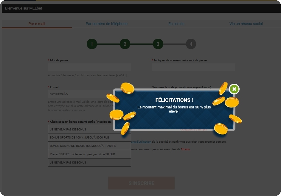 Formulaire d'enregistrement de Melbet