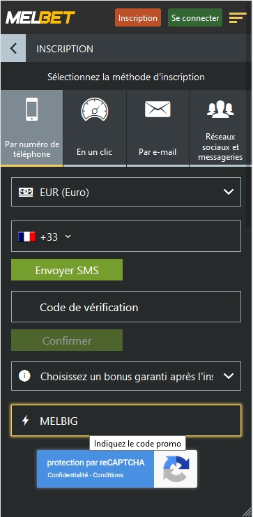 Formulaire d'enregistrement de Melbet