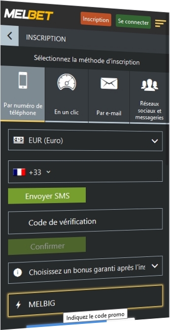 Formulaire d'enregistrement de Melbet
