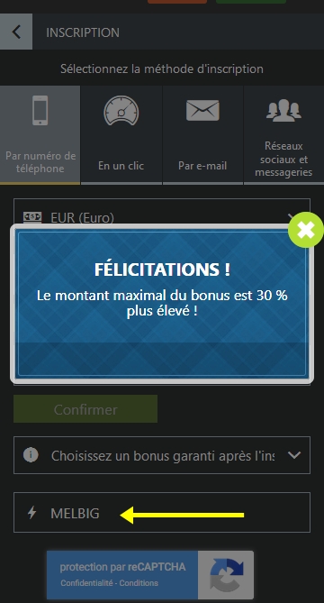 Formulaire d'enregistrement de Melbet