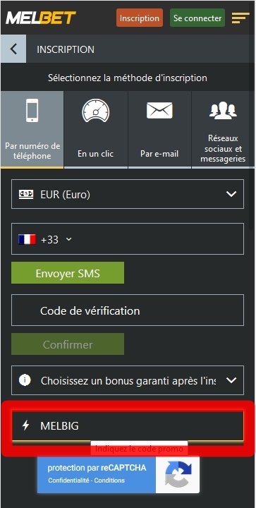 Formulaire d'enregistrement de Melbet