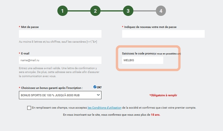 Formulaire d'enregistrement de Melbet
