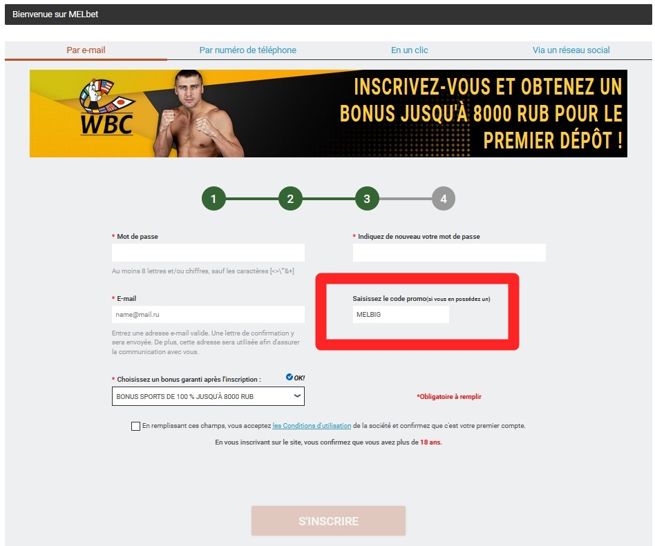 Formulaire d'enregistrement de Melbet