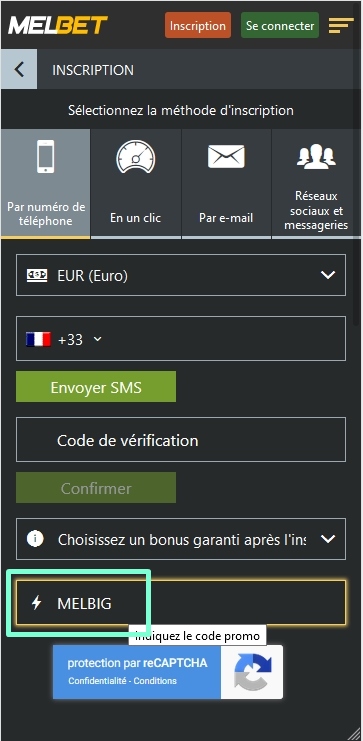 Formulaire d'enregistrement de Melbet