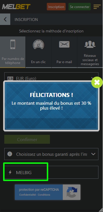 Formulaire d'enregistrement de Melbet