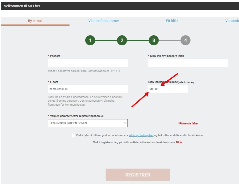 Påmeldingsskjema på Melbet