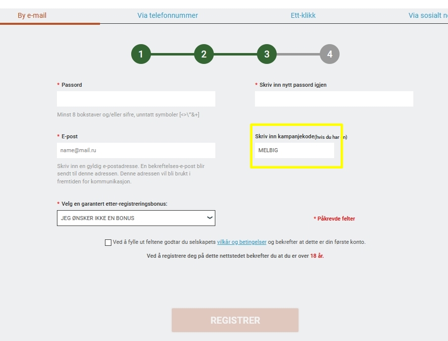 Påmeldingsskjema på Melbet