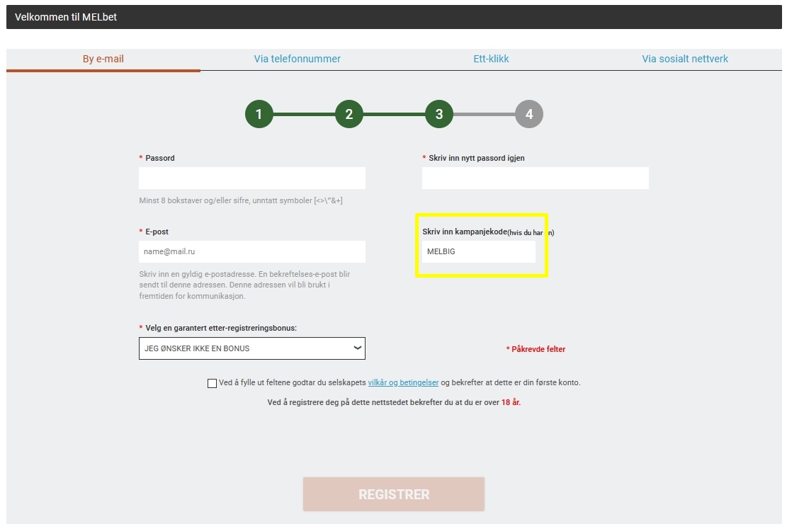 Påmeldingsskjema på Melbet