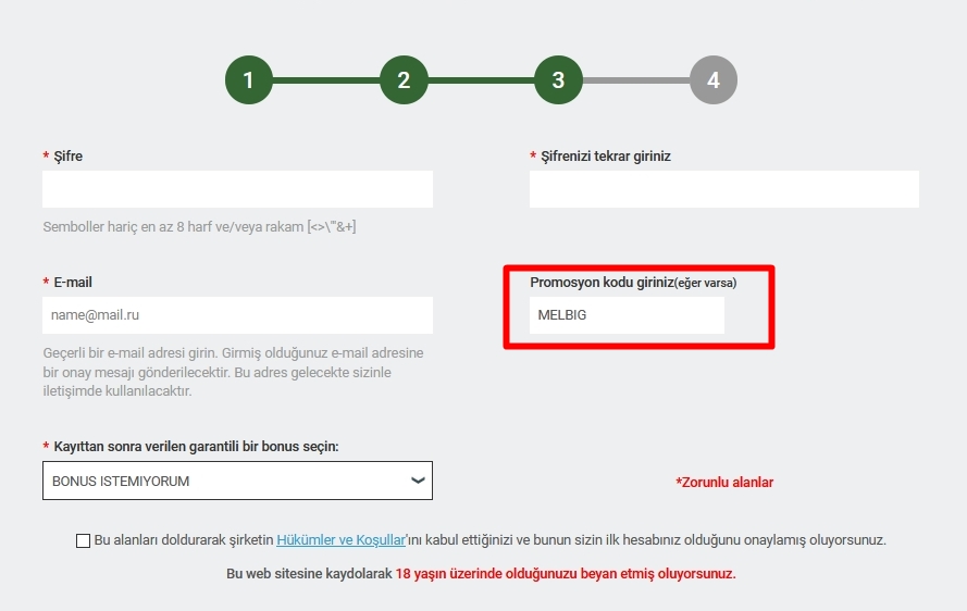 Melbet kayıt formu