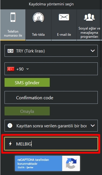 Melbet kayıt formu