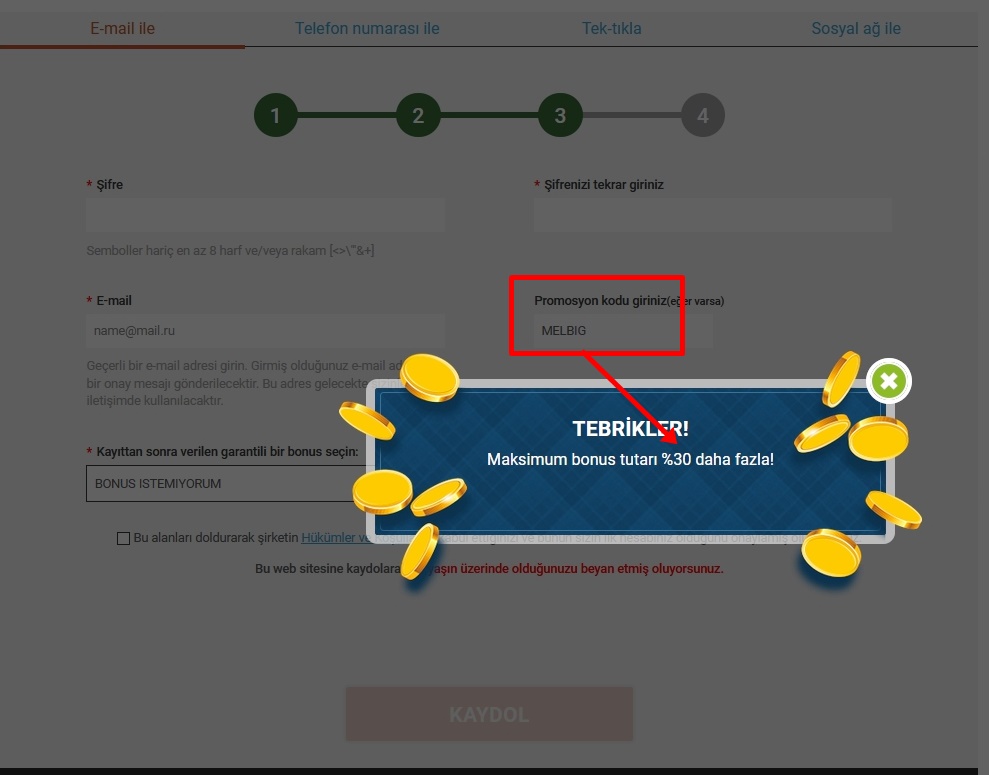 Melbet kayıt formu