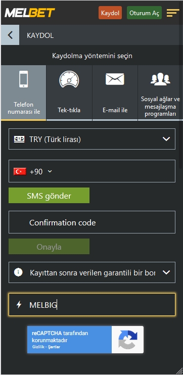 Melbet kayıt formu