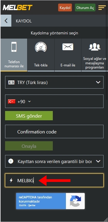 Melbet kayıt formu