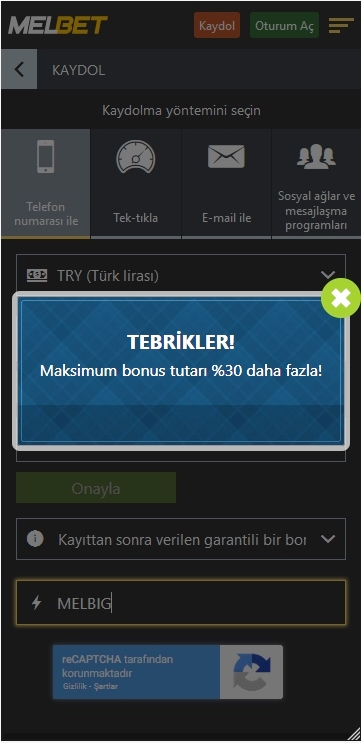 Melbet kayıt formu