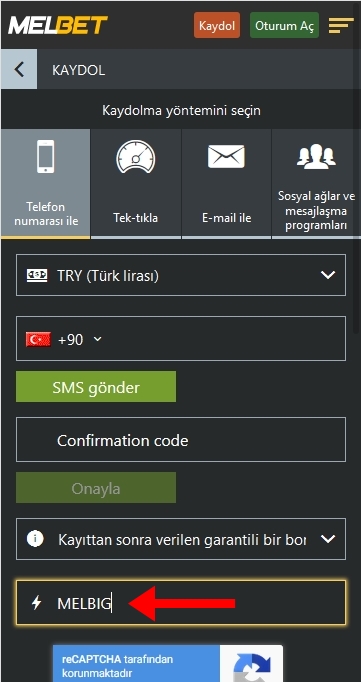 Melbet kayıt formu
