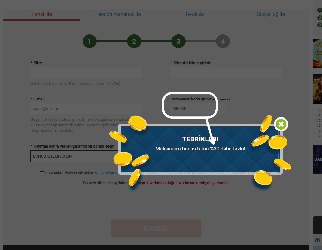 Melbet kayıt formu