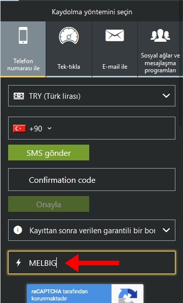 Melbet kayıt formu