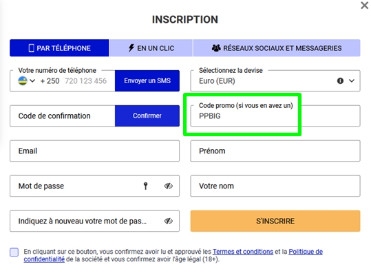 Formulaire d'inscription à PariPesa