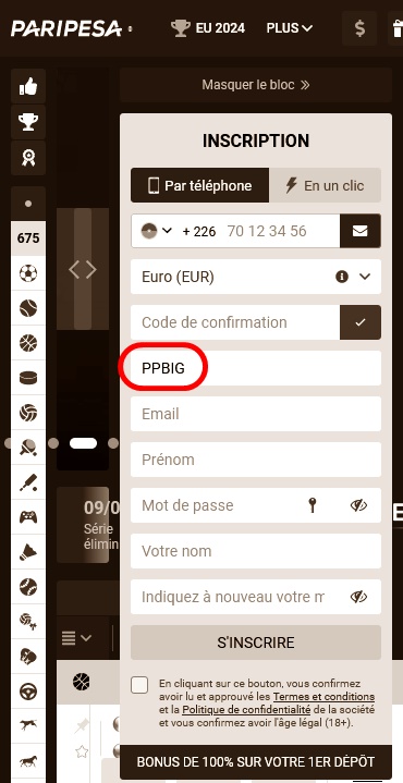 Formulaire d'inscription à PariPesa