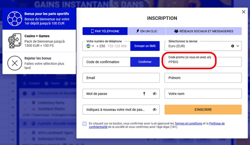 Formulaire d'inscription à PariPesa