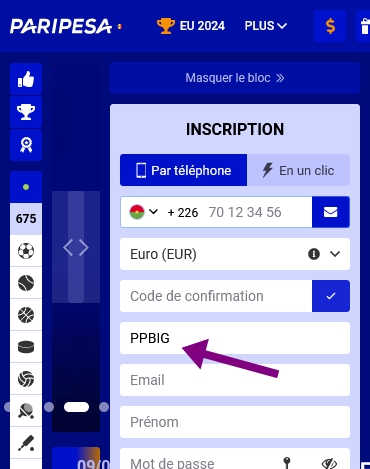 Formulaire d'inscription à PariPesa