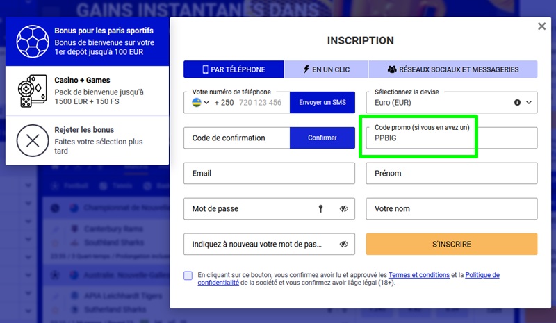 Formulaire d'inscription à PariPesa
