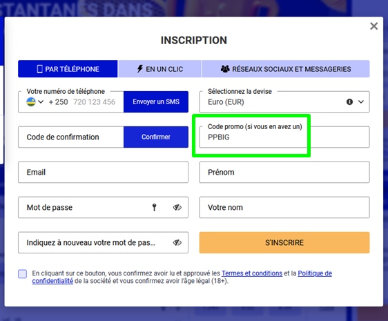 Formulaire d'inscription à PariPesa